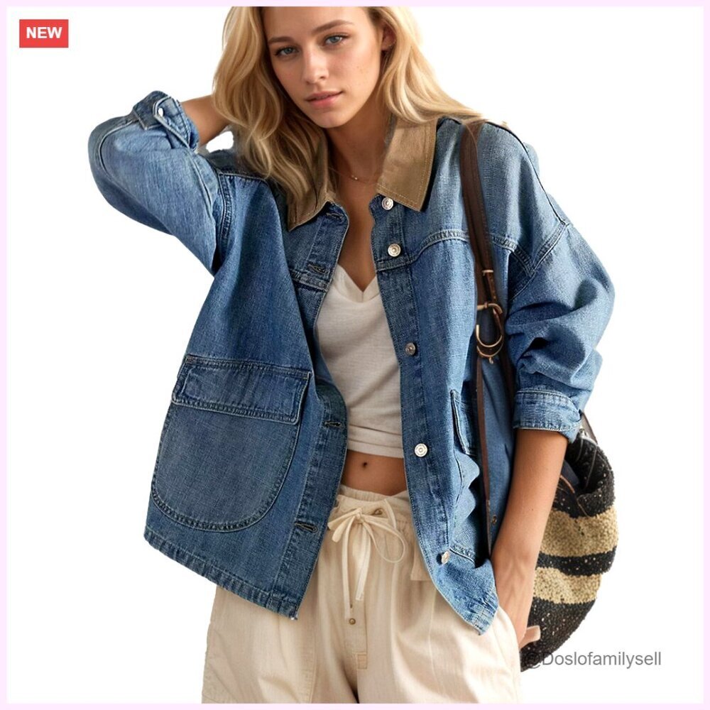 Oversized Denim Barn Jacket with Contrast Trim Long Sleeve Button Down Coat